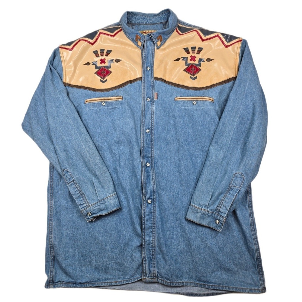 Vintage Shooter Denim Western Shirt Mens 2XL Blue Southwestern Faux Suede Snap